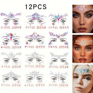 TEMU 12개 짜리 글리터 라인스톤 얼굴 스티커 - 원형 보석 디자인, 네일 아트, DIY 메이크업 및 휴일 장식, 스테이지 및 파티용 창의적인 얼굴 보석, 축제 장식, 반짝이는 장식, 내구성 있는 접착제