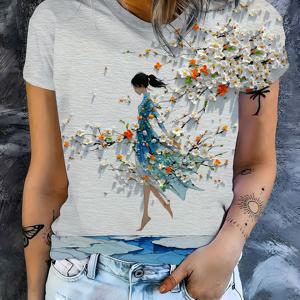 TEMU 여성용 우아한 플로럴 & 피규어 티셔츠 - 가벼운 통기성 데일리 캐주얼 탑, 라운지·오피스·외출용 - 파스텔 플로럴 프린트 액센트 - 세탁기 사용 가능 여성 블라우스, 레저 의류, 아티스틱 프린트 티셔츠, 편안한 소재