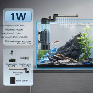 TEMU 수족관 필터 무소음 3-in-1 정수 및 산소 펌프, 소형 가정용 내장형 수중 펌프 (여과 시스템 포함), 배터리 없음