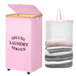 TEMU 휠과 뚜껑이 있는 110L 접이식 세탁 바구니 - 대용량, 내구성 있는 폴리에스터, 메쉬 라이너 및 핸들이 포함되어 있습니다. 효율적인 세탁 정리를 위한 클래식 디자인, 세탁 바구니, 선반 바구니
