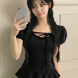TEMU Sassygals 한국 스타일 순수한 욕망 물방울 무늬 프린트 퍼프 소매 및 레이스업 러플 헴, 여성용 트렌디 탑