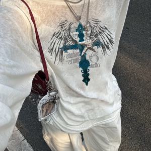 TEMU 여성용 캐주얼 롱 슬리브 티셔츠 - 크로스 & 윙 그래픽 프린트, 조절 가능한 드로스트링 허리, 세미시어 기하학 패턴, 통기성 중간 스트레치 원단, 세탁 가능 올시즌 탑, 레이어링 피스, 어반 패션, 스타일리쉬 셔터 소재, 트렌디 쇼퍼