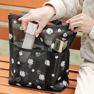 TEMU 대용량 가볍고 통기성 좋은 접이식 데이지 프린트 홀 디자인 지퍼 포켓 여행 화장품 파우치 - 블랙 메쉬, 일상/체육관/쇼핑용, 내구성 있는 소재, 패션 스타일리시 토일레트백