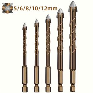 TEMU 다용도 드릴 비트 5종 세트, 날카로운 삼각형, 텅스텐 강철, 고경도, 타일, 유리, 콘크리트, 대리석, 목재, 강판 구멍 뚫기용 - 십자형 육각 핸들 홀 오프너 및 힌지 홀 도구 세트, 사이즈 5-12mm