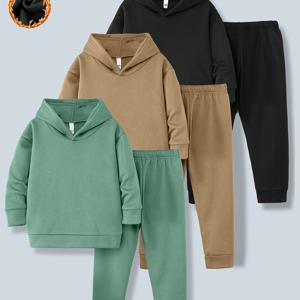 TEMU 남아용 스타일리시 후드티 6종 세트. 따뜻하고 포근한 디자인으로 가을, 겨울철에 적합하며, 심플하고 산뜻한 단색 상의와 편안한 탄성 허리 롱 팬츠로 구성되어 있어 야외 활동에 적합합니다.