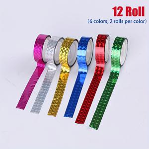 TEMU 레이저 글리터 소재와 종이 테이프가 특징인 6가지 색상의 롤 12개 세트입니다. 변색되지 않는 생생한 색상, 공예, 저널링, 페이지 마킹, 스크랩북 및 미술 프로젝트에 적합한 끈적이는 장식 스티커 테이프입니다.