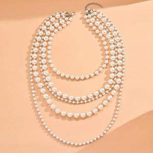 TEMU 5단 스타일 여성용 인조 진주 목걸이 - 화이트 K 금도금 멀티 레이어 체인 주얼리, 일상적 우아함, 사계절 활용 가능 액세서리, 고급스러운 디자인, 세련된 외관, 패션 애호가를 위한 섬세한 장식품