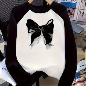 TEMU 여아용 긴팔 티셔츠 - 블랙 앤 화이트 기하학적 리본 프린트 탑, 루즈 캐주얼 탑, 통기성 니트 소재, 세탁기 사용 가능 여름 전환복, 가을 아동복, 래글런 소매 디자인, 쉬운 관리 소재, 패셔너블 키즈웨어, 내구성 있는 아동복, 학령기 아동용 니트 스웨터