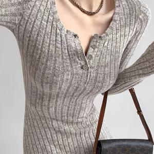 TEMU 여성용 리브드 스웨터 드레스, 가을 겨울 캐주얼 스타일, 허리밴드로 핏 조절 가능한 미디 드레스|여성원피스|인견원피스|가을원피스