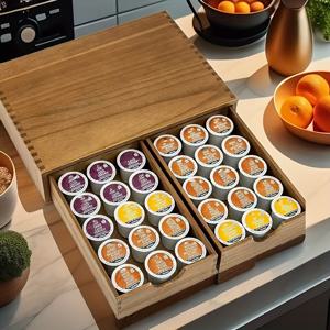 TEMU 재활용 목재 커피 보관 정리함 - 다중 수납 공간, 크림 & 설탕 큐브용 카운터탑 정리함, 주방 및 식당 오거나이저, 모던 기하학적 디자인, 내추럴 마감