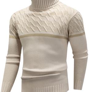 TEMU 남성용 레귤러 핏 니트, 컬러 블로킹의 캐주얼 스포티 레트로 스타일, 정교한 패턴의 두꺼운 하이넥 풀오버 스웨터