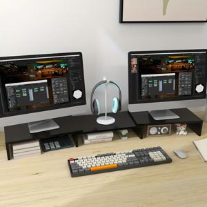 TEMU 에르고노믹 듀얼 모니터 스탠드 - 확장 및 회전 가능한 재활용 목재 데스크 오거나이저, 수납 선반 포함, 공간 절약형 디자인 (홈오피스/학생 기숙사/듀얼 스크린 세팅용)|키보드|책상|모니터받침대