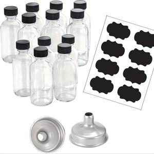 TEMU 뚜껑이 있는 작은 투명 유리 병 12개 세트. 1/2/4온스 및 30/50/100ml 사이즈로 제공되며, 스테인리스 스틸 깔때기 2개 포함. 여행 및 포션 샘플에 적합합니다.