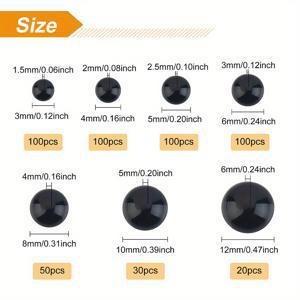 TEMU 프로젝트 및 봉제 인형용 500개 혼합 블랙 레진 코와 눈 세트 - 3mm에서 12mm까지의 평면 원형 모양.