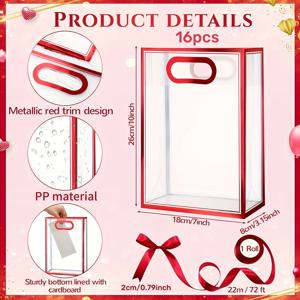 TEMU 16개 졸업 선물 가방 (리본 1롤 포함), 중간 크기 재사용 가능한 투명 선물 가방 (손잡이 포함), 생일 파티, 졸업 선물, 결혼식 피로연용