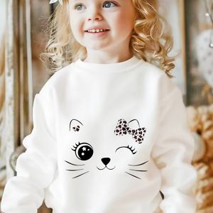 TEMU 아동용 여아 귀여운 캐주얼 O넥 라운드넷 풀오버 스웨트셔츠, 가을 겨울 데일리/휴가 선물, 고양이 그래픽, 의류, 캐주얼룩, 그래픽 프린트, 플레이풀한 스타일, 편안한 소재, 포근한 질감, 's 어패럴, 풀오버 탑, 패션, 유아