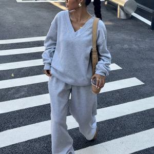 TEMU 유도미 여성용 오버사이즈 퍼프 슬리브 소프트 스트레치 루즈 스웨트셔츠 & 조거 팬츠 2피스 세트, 가을/겨울