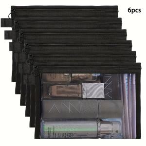 TEMU 6개 대용량 여행용 화장품 포장 - 투명 메쉬 화장품 정리함, 지퍼 잠금, 휴대용 화장품 가방, 립스틱, 브러시 및 필수품, 화장품 보관함, 화장품 여행 가방, 투명 디자인, 지퍼 잠금 포장