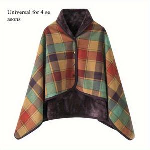 TEMU 4계절용 범용 웨어러블 블랭킷 숄 - 이중 레이어 두꺼운 체크 패턴, 레트로 스타일, 사계절용 다용도 아웃도어, 사무실 & 캐주얼 사용, 손세탁만 가능, 혼합 색상, 오피스 웨어러블 블랭킷, 다용도 패션 액세서리, 튼튼한 원단|옷