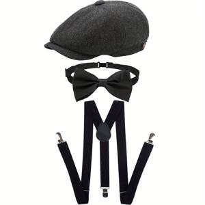 TEMU LERDU 3pcs 1920년대 남성 액세서리 세트 맨해튼 모자, Y-백 멜빵, 프리타이 보우 타이, 갱스터 넥타이 테마 파티용 할로윈