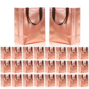 TEMU 20개 로즈 골드 선물 가방 세트 - 재사용 가능한 반짝이는 부직포 원단, 검정색 손잡이 및 핑크 티슈 포함, 크기 25.4X10.16X20.32 Cm, 생일, 결혼식 및 축제 파티에 적합, 우아한 포장 및 튼튼한 토트 디자인 특징.