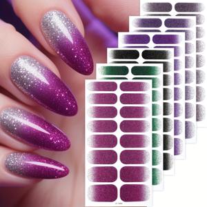 TEMU 환상적인 테마 디자인의 보라색 글리터 네일 폴리쉬 스티커 6개 세트. 여성들이 집에서 자가 점착 네일 아트 장식을 위해 사용하기에 완벽합니다.