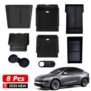 TEMU 테슬라 모델 Y LAUNCH JUNIPER 2025용 센터 콘솔 암레스트 수납 박스 세트: 플로킹 처리된 전면 수납박스 1개, 후면 수납박스 1개, 하단 전면 수납박스 1개, 하단 후면 수납박스 1개, 암레스트 숨겨진 수납공간 1개, 컵홀더 1개, 무선 충전 실리콘 패드 1개 및 프라이버시 카메라 커버 포함