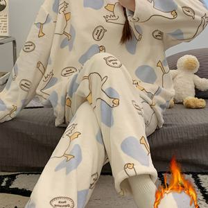 TEMU 사랑스러운 만화 플리스 투피스 파자마 세트 - 편안한 긴팔 & 바지, 장난기 있는 오리 & 구름 패턴, 부드러운 베이지, 가을/겨울에 완벽, 성인용 잠옷, 편안한 라운지웨어|장난기 있는 패턴|부드러운 플리스 소재, 여성용 파자마|잠옷|파자마