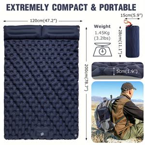 TEMU 캠핑용 더블 슬리핑 패드 - 내장 베개와 풋 펌프가 있는 초경량 캠핑 팽창식 슬리핑 패드, 백패킹, 하이킹, 자동차 여행, 해변 및 텐트용으로 적합한 휴대용 콤팩트 팽창식 매트