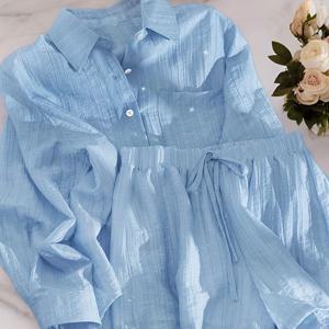 TEMU 여성 캐주얼 셔츠 & 반바지 세트 - 단색, 활용도 높음, 버튼업, 긴소매, 레귤러 핏, 봄/가을 컬렉션, 캐주얼 복장, 캐주얼 웨어, 캐주얼 스타일, |버튼업 셔츠|레귤러 핏 셔츠, 여성 셔츠|반바지