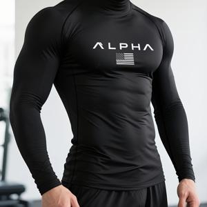 TEMU 1팩 알파 남성용 압축 긴팔 셔츠 - 미국 국기 가슴 프린트, 고탄력 원단, 사계절 체육관 & 트레이닝 베이스 레이어, 바디빌딩, 러닝, 하이킹용 - 남성용 블랙 애슬레틱 셔츠, 운동복, 스포츠 디자인, 통기성 소재, 성능 웨어, 피트니스 애호가용, 스트레치 스타일, 액티브웨어 티, 활동적인 남성용, 긴팔 압축 셔츠