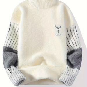 TEMU 남성용 보온 스웨터 풀오버 - 슬림핏 사슴 그래픽, 블랙/그레이/화이트 컬러블록 - 겨울 니트 스웨터, 일상·정장·아웃도어 활동용, 손세탁 가능, 성인 및 청소년용, 겨울철 착용, 리브드 커프스, 캐주얼 스타일, 동물 프린트, 내구성 소재, 어른복