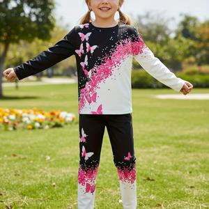 TEMU 여아용 2피스 핑크 나비 프린트 & 화이트 티셔츠 & 레깅스 세트 - 긴팔 라운드넥 상의와 매칭 팬츠, 사계절 캐주얼 플레이웨어, 파티복, 세탁기 사용 가능 핑크 & 화이트 나비 패턴, 야외 활동에 완벽