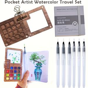 TEMU 9피스 미니 목재 수채화 키트, 1구 8/15구 목재 자석 팔레트 박스, 6개의 붓, 1개의 클립, 1개의 휴대용 스케치북 포함 - 여행용 수채화 (색상 박스에는 물감이 포함되지 않으며, 붓에는 잉크가 포함되지 않음)