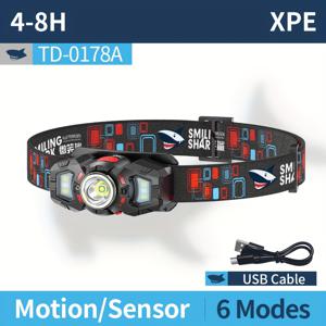 TEMU 1개 스마일링 샤크 충전식 헤드램프, 모션 센서 및 자동 켜기/끄기, 듀얼 라이트(빨간색 & 흰색), -C 고속, 6가지 모드, 캠핑, 하이킹, 러닝, 독서용 경량 헤드라이트 - 스마트폰/태블릿 호환(-PD 지원) - 러닝, 수영, DIY, 가정용 이상적 - 케이블 포함