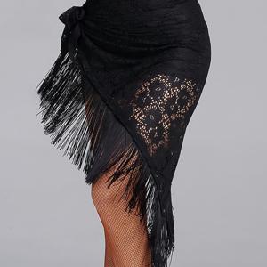 TEMU 여성용 블랙 레이스 라틴 런바 차차 댄스 프린지 드레스, 연회장 공연 훈련에 적합, 삼각 랩 및 비치 스타일 스커트 특징.