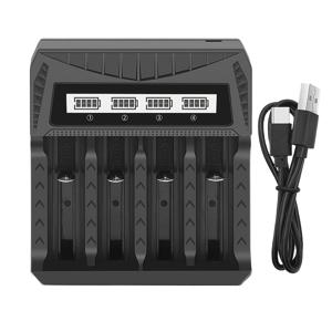 TEMU 충전식 배터리용으로 설계된 4구 USB 리튬 배터리 충전기 1개. LCD 스크린과 지능형 PD 충전 기능을 갖추고 있으며 26650, 21700, 18650, 18500, 16340과 같은 다양한 리튬 배터리와 호환됩니다.