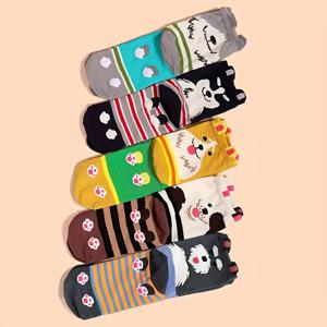 TEMU 여성용 미드컬프 양말 5켤레 세트, 트렌디한 패션 귀여운 카툰 동물 강아지 패턴 고품질 여성 양말, 봄 가을 얇은 통기성 흡습 양말, 스포츠 캐주얼 스트리트 스타일 데일리용 여성 미드컬프 양말