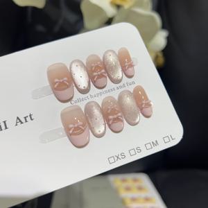 TEMU 10개입 숏 오벌 프레스온 네일 - 핑크 프렌치 팁 광택 인조 네일, 리본 & 도트 디자인, 발레 스타일 네일 패치 (접착제 없음) - 파티, 웨딩, 프로모션용 쉬운 적용