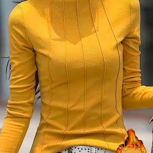 TEMU 여성용 겨울철 따뜻한 하이넥 스웨터베스트 - 두꺼운 긴팔 블레이저형 재킷, 가을 & 겨울을 위한 세탁기 사용 가능한 솔리드 옐로우 니트, 캐주얼에서 포멀까지 다양한 코디에 어울리는 반고목 칼라와 플리스 안감으로 편안한 착용감, 시크한 스탠드 칼라 디자인과 매끄러운 질감의 단색으로도 독립적인 연출