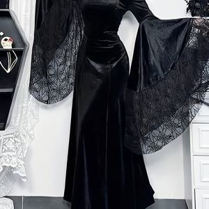 TEMU 고딕 스타일 할로윈 코스튬, 박쥐 날개 벨벳 드레스와 레이스 장식이 특징인 마녀 코스프레, 여성용 롱 가운.|여름원피스|나시원피스