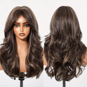 TEMU 여성을 위한 24인치 브라운 웨이브 헤어 익스텐션 - 중간 부분이 있는 볼륨감 있는, 자연스러운 보는 눈의 레이어드 위그, 일상 착용, 파티, 여행에 완벽, 로즈 넷 캡으로 쉽게 스타일링, 헤어 위그, 파티 헤어피스, 편안한 핏 캡