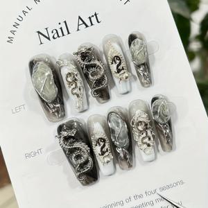 TEMU 1개 또는 10개 순수 수제 럭셔리 드래곤 네일 스티커 - 우아한 중국풍 드래곤 디자인, 긴 발레트 모양 광택 프레스온 네일, 여성용 탈부착 인조네일, 파티·웨딩·데일리용 - 아시아 뷰티 네일아트, 고급스러운 드래곤 스티커, 파티 액세서리