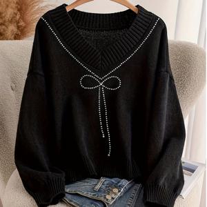 TEMU 플러스 사이즈 - 여성용 클래식 다용도 V넥 스웨터, 라인스톤 리본 디자인, 가을/겨울용 루즈하고 스위트-쿨 스타일|가디건