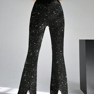 TEMU 여성을 위한 하이웨이스트 플레어 팬츠입니다. 하단의 스플릿 디자인으로 이 팬츠는 이브닝 모임 및 클럽에 완벽합니다. 블랙 스팽글 원단은 모든 계절에 적합하며, 우아함과 반짝임을 더하여 매력적인 캐주얼 룩을 연출합니다.