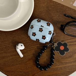 TEMU 한국 스타일 블루 배경 소형 검은 꽃 + 펜던트 헤드폰 케이스 애플용으로 적합한 에어팟 프로 2 케이스/에어팟 프로 케이스/에어팟 4 케이스/에어팟 3 케이스/에어팟 2 케이스/패션 여성용 이어폰 케이스/간단한 이어폰 케이스