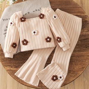 TEMU 소녀용 긴팔 팬츠 세트, 3D 플라워 디자인, 가을-겨울 컬러 팔레트, 스퀘어 넥, 플레어 팬츠, 4-7세 유아용, 야외 활동에 완벽