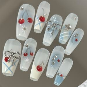 TEMU 10개 세트 긴 발레 모양 순수 수제 고급스러운 착용 가능한 네일 체리 프렌치 삼차원 리본 손으로 그린 라인 와 별 장식된 라이트 럭셔리 인스 스위트 파티 댄스 일상 착용에 적합한 네일 세트, 젤리 글루와 네일 파일 포함