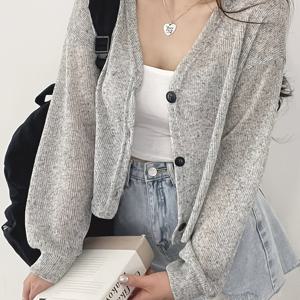 TEMU 2025년 스타일의 숏 가디건 탑, V넥, 긴소매, 루즈핏, 여성용 경량 디자인, 독특한 스타일.