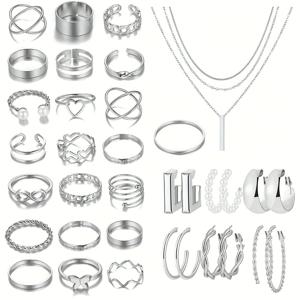 TEMU 세련된 , 우아하고 정교한 레트로 나비 하트 인조 진주 별 달 라인스톤 와이드 구리 귀걸이 세트, 스네이크 본 체인, 체인, 기하학적 와이드 C자형 귀걸이, 귀걸이, 목걸이 + 귀걸이 + 반지 + B|링귀걸이|은목걸이